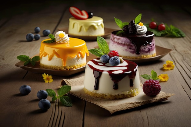 Assorted delicious mousse cakes with fruit jam and cream on table created with generative ai