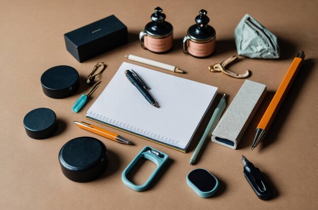 Photo assorted desk accessories on neutral background