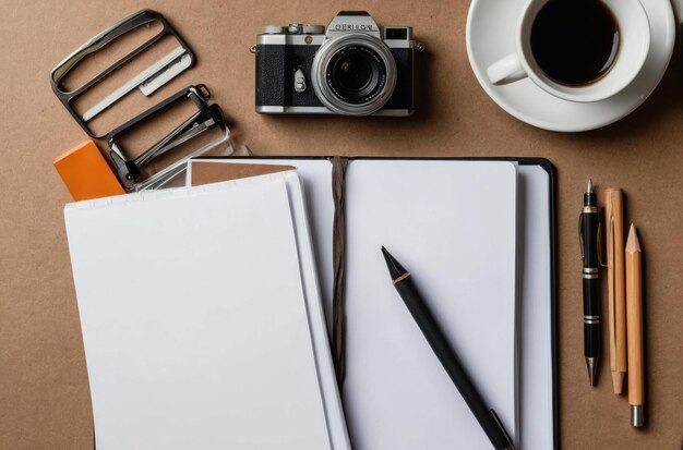 Photo assorted desk accessories on neutral background