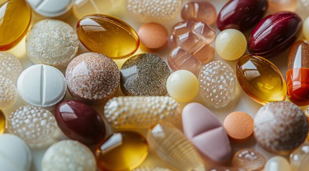 Photo assorted dietary supplements and medications closeup