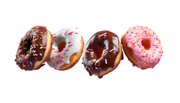 assorted donut flying isolated on a white background