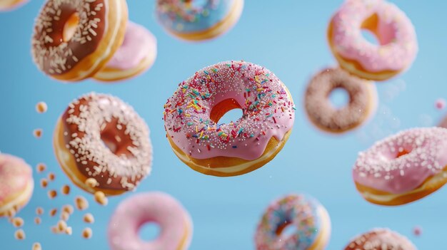 Photo assorted donuts flying on colorful background