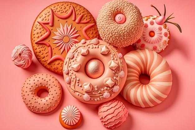 초콜릿 프로스트 핑크 글레이즈와 스프링클 도넛을 곁들인 모듬 도넛 신경망 AI 생성