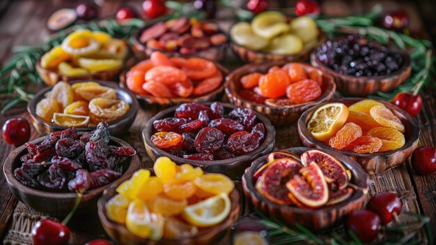 Photo assorted dried fruits and fruit mix displayed on wooden table