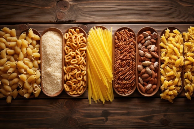 Assorted dried pasta on wood backdrop