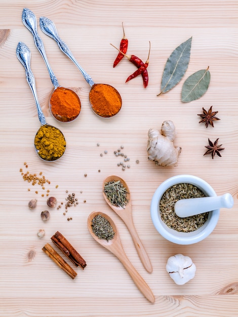 Assorted of dried spices  on wooden background.