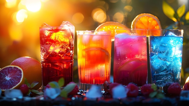 Photo assorted drinks displayed on a dark table in a park concept outdoor dining beverage selection dark table setting park atmosphere