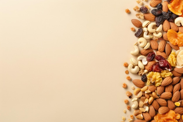 Assorted dry fruits nuts and seeds on beige background Organic mix of healthy snack Vegan and vegeta