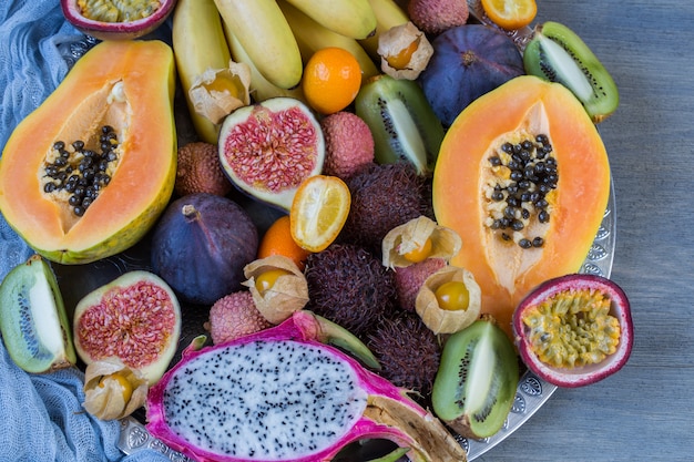 Assorted exotic fruits on a plate