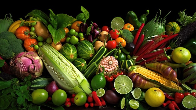 Assorted exotic tropical vegetables on black background isolate Farm products for the store AI generated