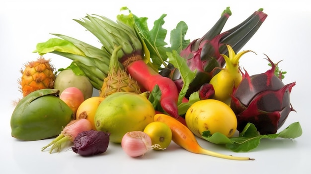 Assorted exotic tropical vegetables on white background isolate Farm products for the store AI generated