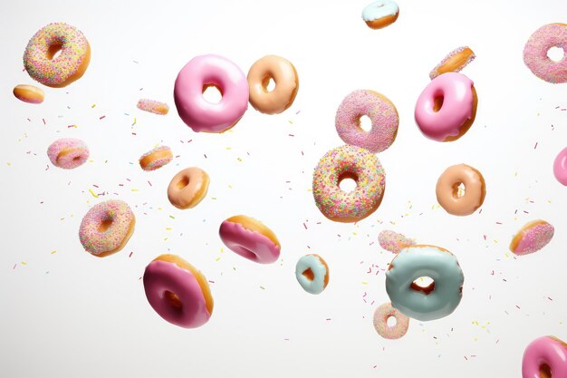 Photo assorted falling donuts with sprinkles on white background