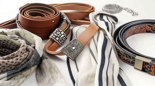 Assorted fashion accessories including belts and scarves with intricate patterns on a white surface