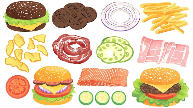 写真 assorted fast food items illustration of hamburgers side dishes and snacks