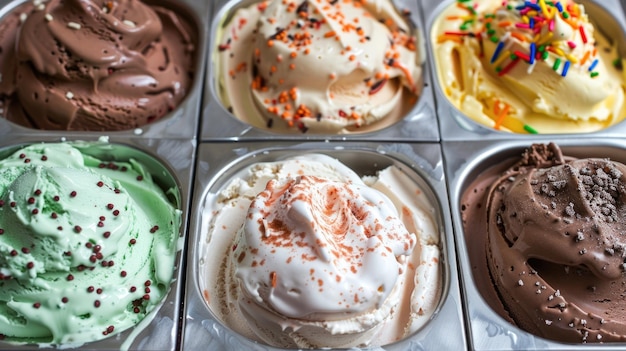 写真 トッピング付きの金属のトレイに収められたアイスクリームの様々な味フードフォトグラフィー