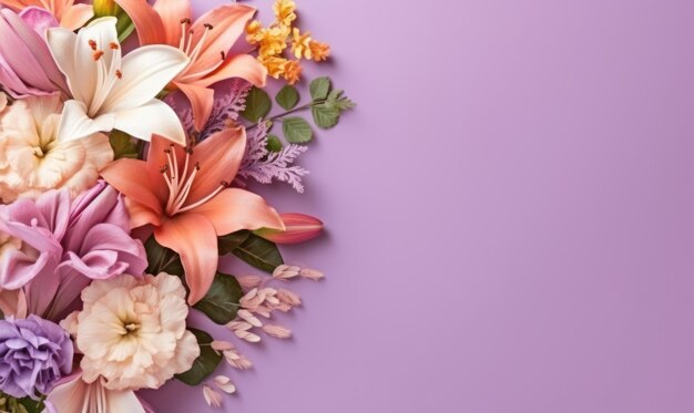 Ассорти цветов, включая лилии и розы, гармонично расположены на фоне фиолетового AI Generative