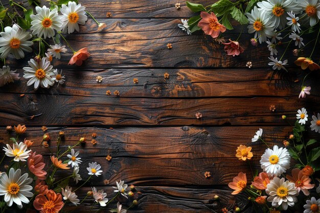 Photo assorted flowers on wooden table