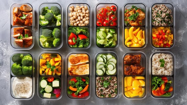 Foto contenitori per alimenti assortiti pieni di diversi tipi di cibo