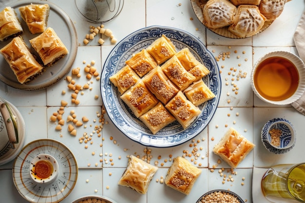 Photo assorted food items on a table suitable for food and beverage concepts