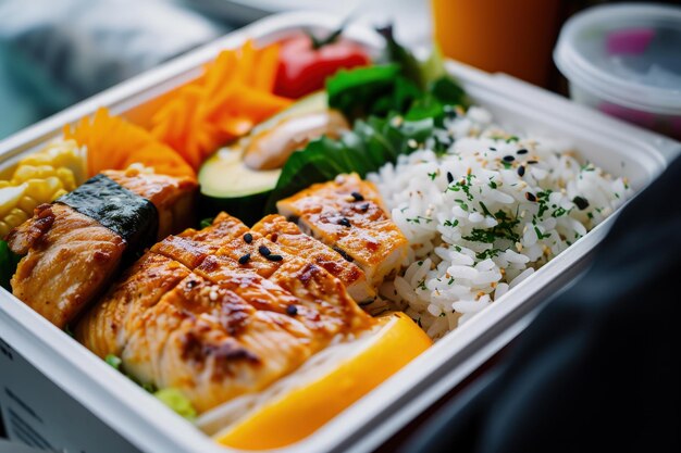 Assorted foods in a white container