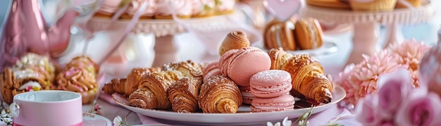 Photo assorted french pastries and macarons in a panoramic composition with soft focus food photography