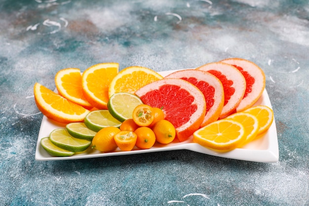 Assorted fresh citrus fruits,lemon,orange,lime,grapefruit,kumquats.