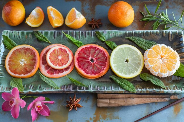 Photo assorted fresh citrus fruits sliced on decorative plate with floral accent and herbs on rustic