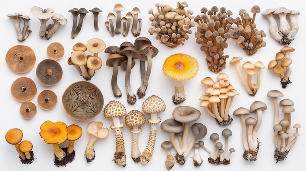 Assorted fresh edible mushrooms of various species spread out on a white background