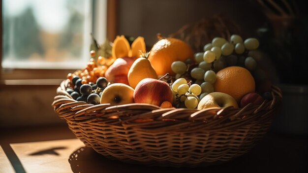 Assorted Fresh Fruit Basket in Morning Sunlight