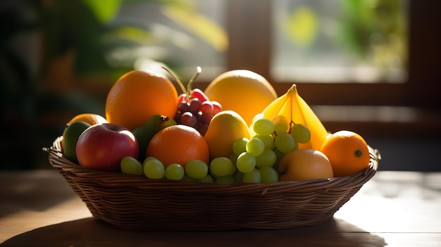 Ассорти из корзины со свежими фруктами в утреннем солнечном свете