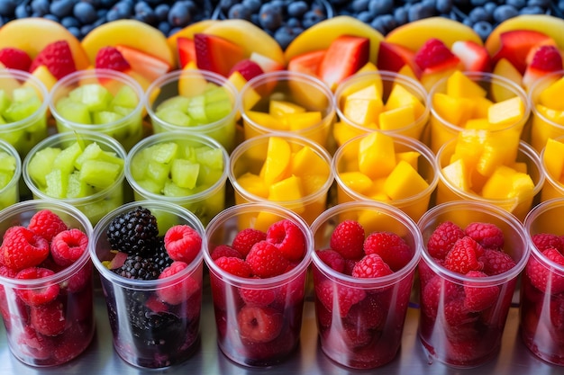 Assorted fresh fruit cups with berries mango pineapple and kiwi arranged in rows for healthy snacking