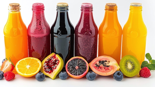 健康的なライフスタイルのための様々な新鮮な果汁のボトル
