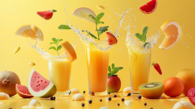 Photo assorted fresh fruit and juice splashing into glasses