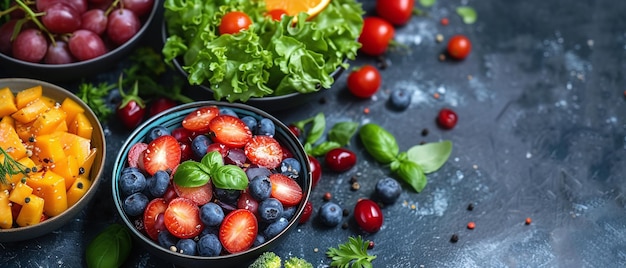 Свежие фрукты и ягоды в мисках