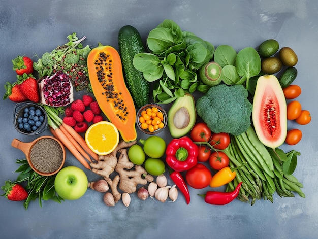 Assorted Fresh Fruits and Vegetables on Gray Background