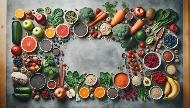 Assorted fresh fruits and vegetables on gray concrete background