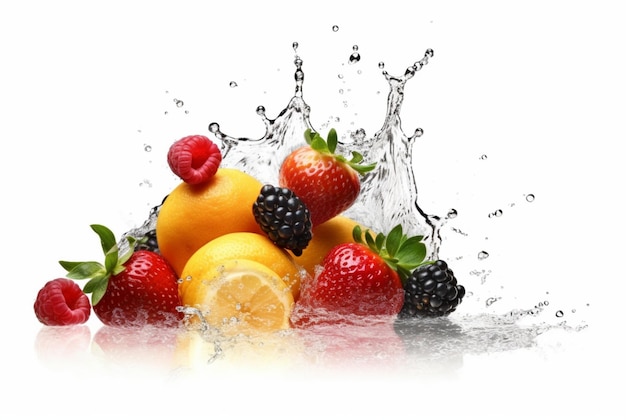 Photo assorted fresh fruits with water splashes isolated on white background generative ai