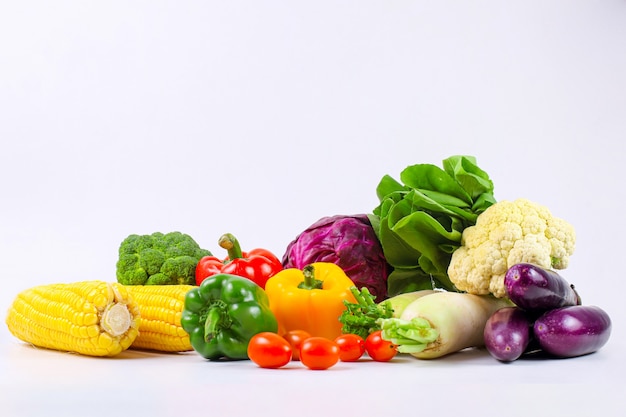 Assorted fresh organic vegetables isolated on white background