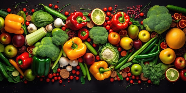 Assorted fresh ripe fruits and vegetables food concept background top view copy space
