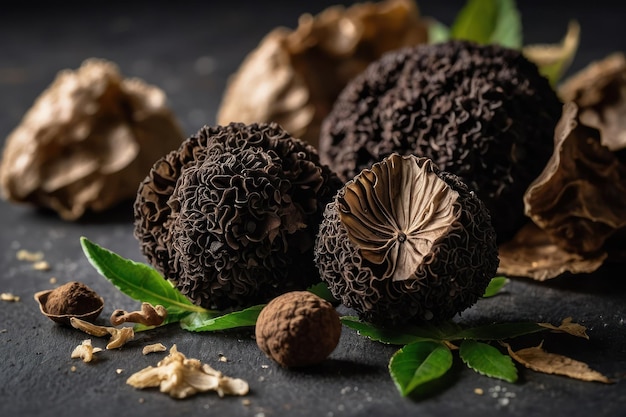 Photo assorted fresh truffles with green leaves on dark background