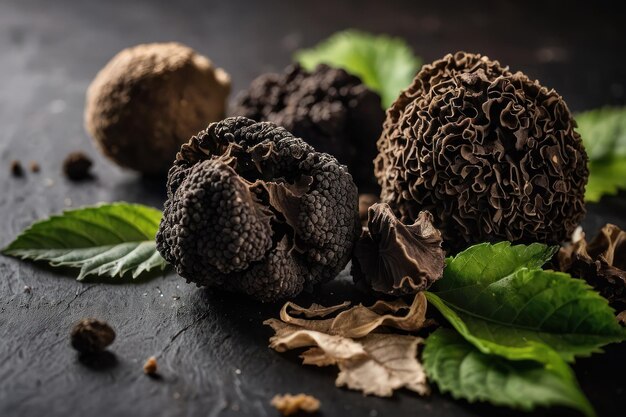 Foto assorted fresh truffles with green leaves on dark background