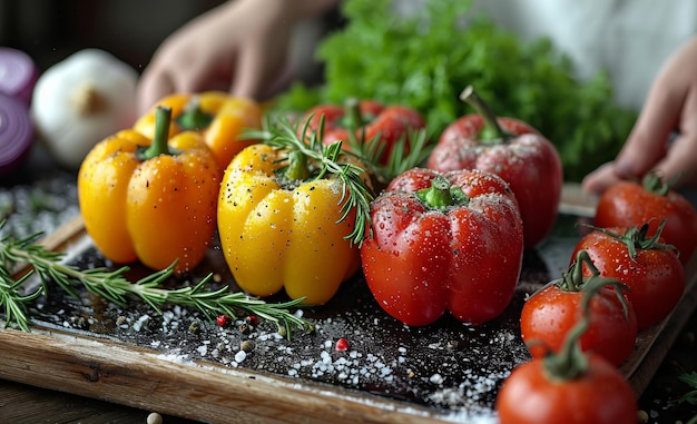 Assorted Fresh Vegetables Arranged on Wooden Tray A wide variety of fresh vegetables creatively arranged on a wooden tray