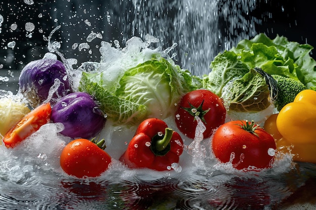 Assorted fresh vegetables being washed with a splash of water highlighting their vibrant colors and freshness