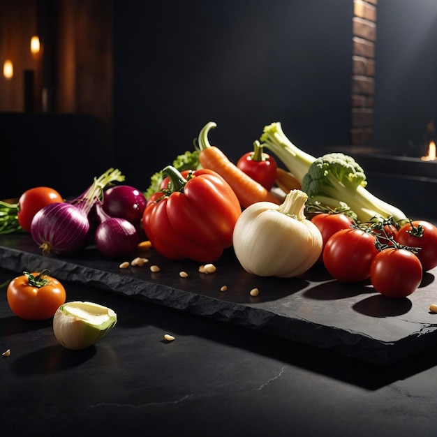 Assorted fresh vegetables on dark table