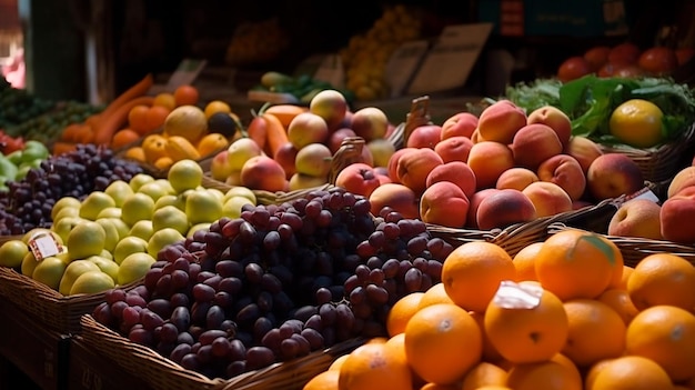 市場の新鮮な野菜と果物の盛り合わせ ジェネレーティブ AI