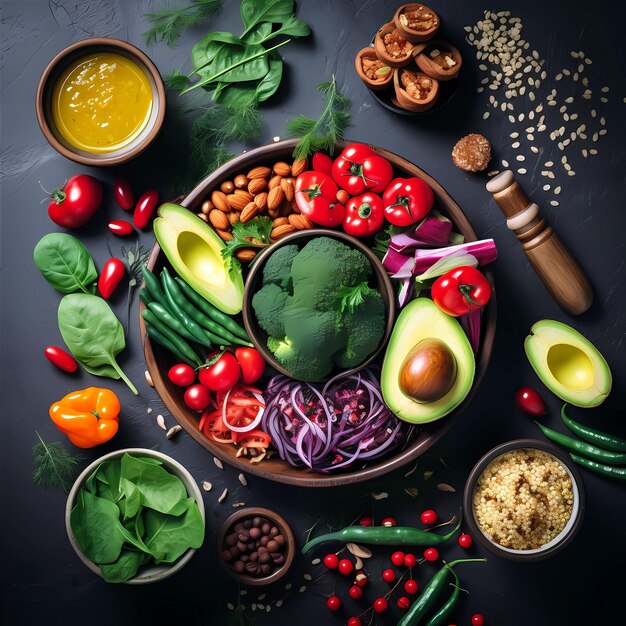 Assorted Fresh Vegetables and Healthy Nuts on Dark Background