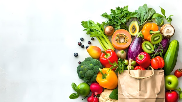 Assorted fresh vegetables spilling from a paper bag onto a white surface Healthy eating lifestyle Ideal for vegan and vegetarian food concepts High quality image created by AI