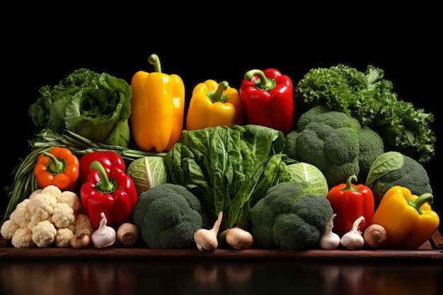 Assorted fresh vegetables tomatoes carrots lettuce cabbage peppers on black background