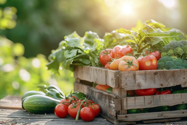 Photo an assorted fresh vegetables in a wooden crate set outside in sunlight