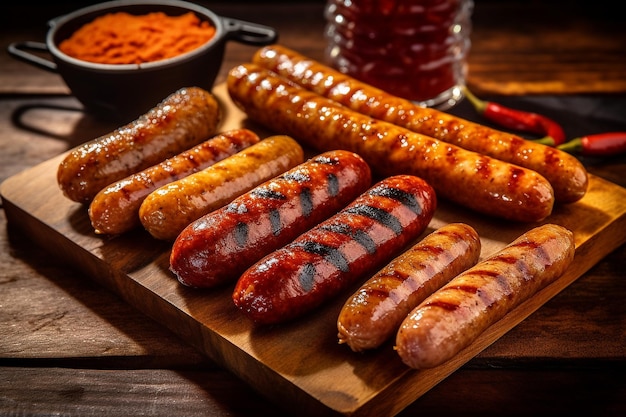 Assorted fried sausages on a grill on a wooden board AI Generative